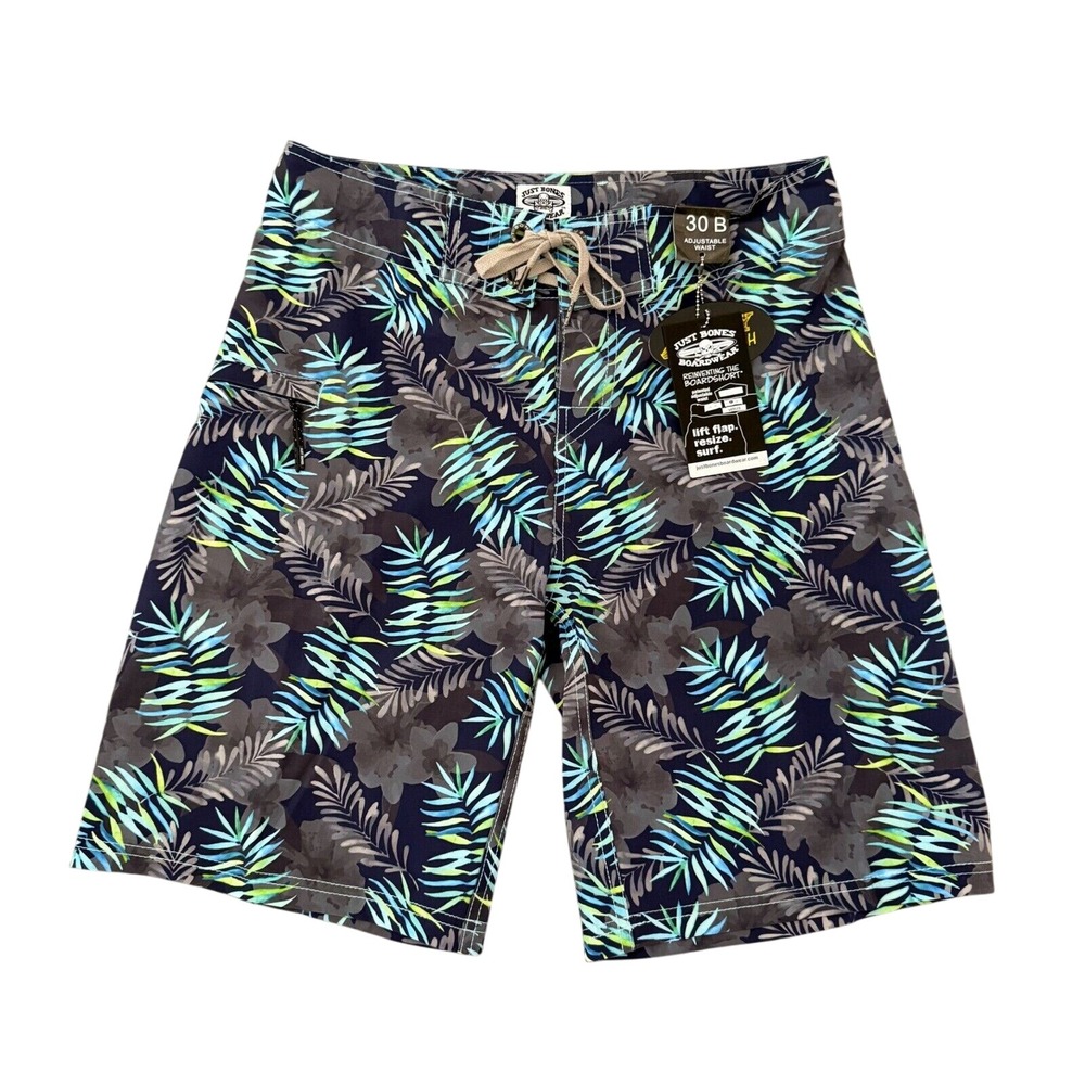 Just Bones Boardwear Swim Trunks Adjustable‎ Waist Tropical Print 30